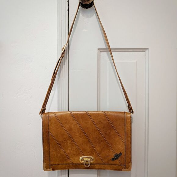 Vintage 70s Cognac & Gold "The Cambridge"Faux Leather Shoulder / Crossbody Bag - Picture 9 of 10